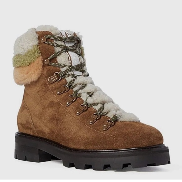 Jimmy Choo Eshe Flat Shearling Lace Up Combat Boots Suede Clove/Nutmeg US 7 IT37 - Picture 1 of 9